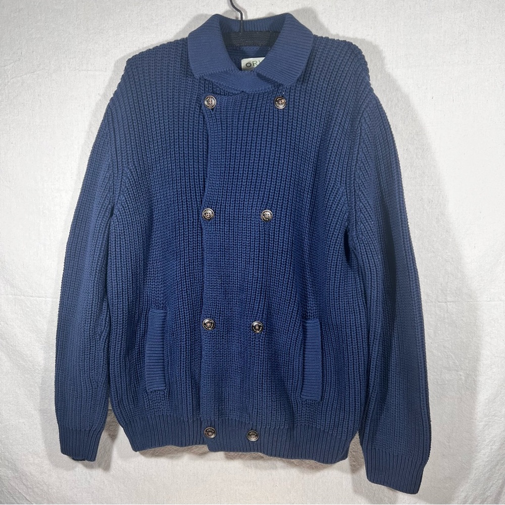 Orvis Fishing Mens Double Breasted Blazer Navy Blue Cardigan Sweater Size XL